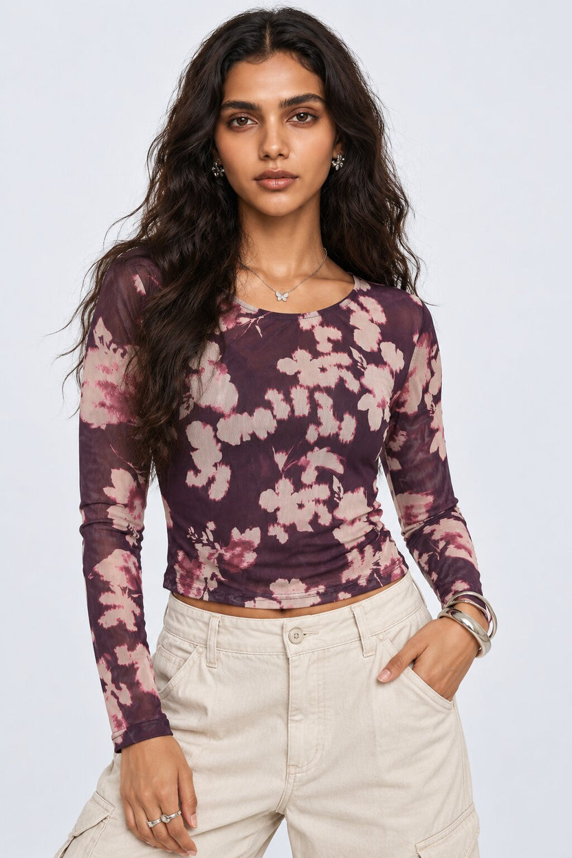 Womens Purple Floral Mesh Crop Top - Image 2