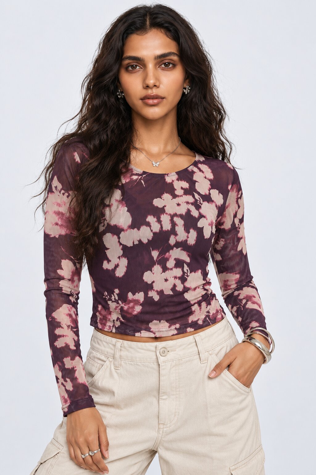 Womens Purple Floral Mesh Crop Top - Image 2