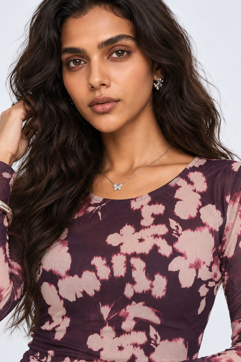Womens Purple Floral Mesh Crop Top - Image 3