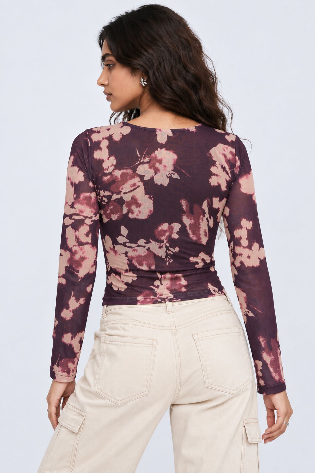 Womens Purple Floral Mesh Crop Top - Image 5