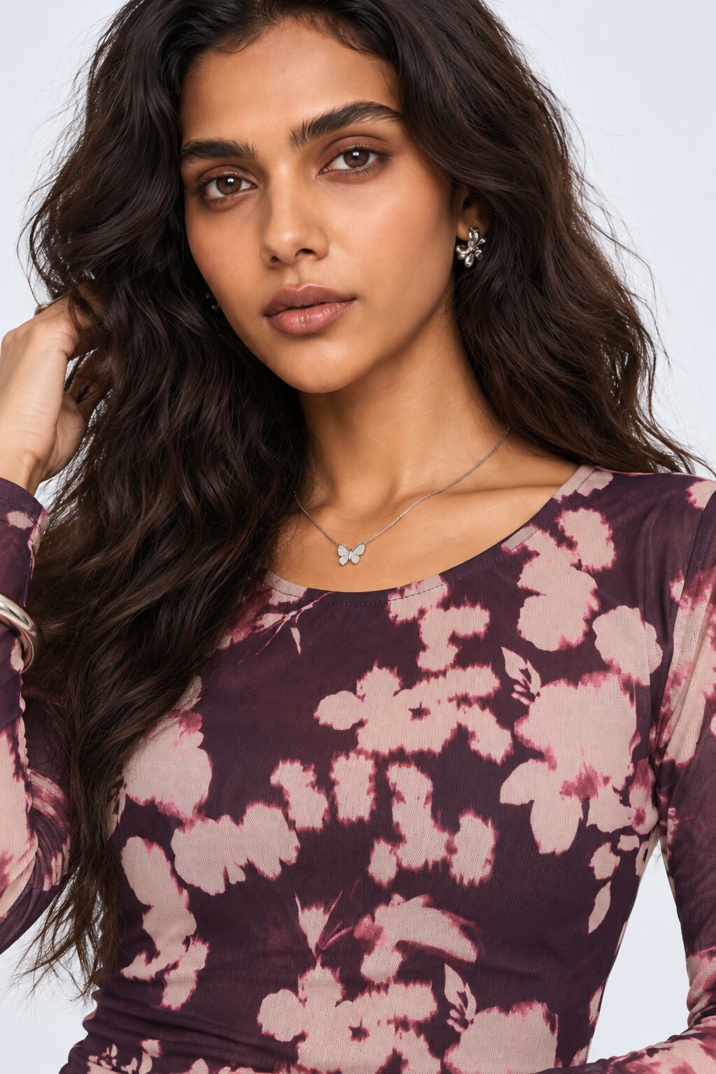 Womens Purple Floral Mesh Crop Top - Image 9