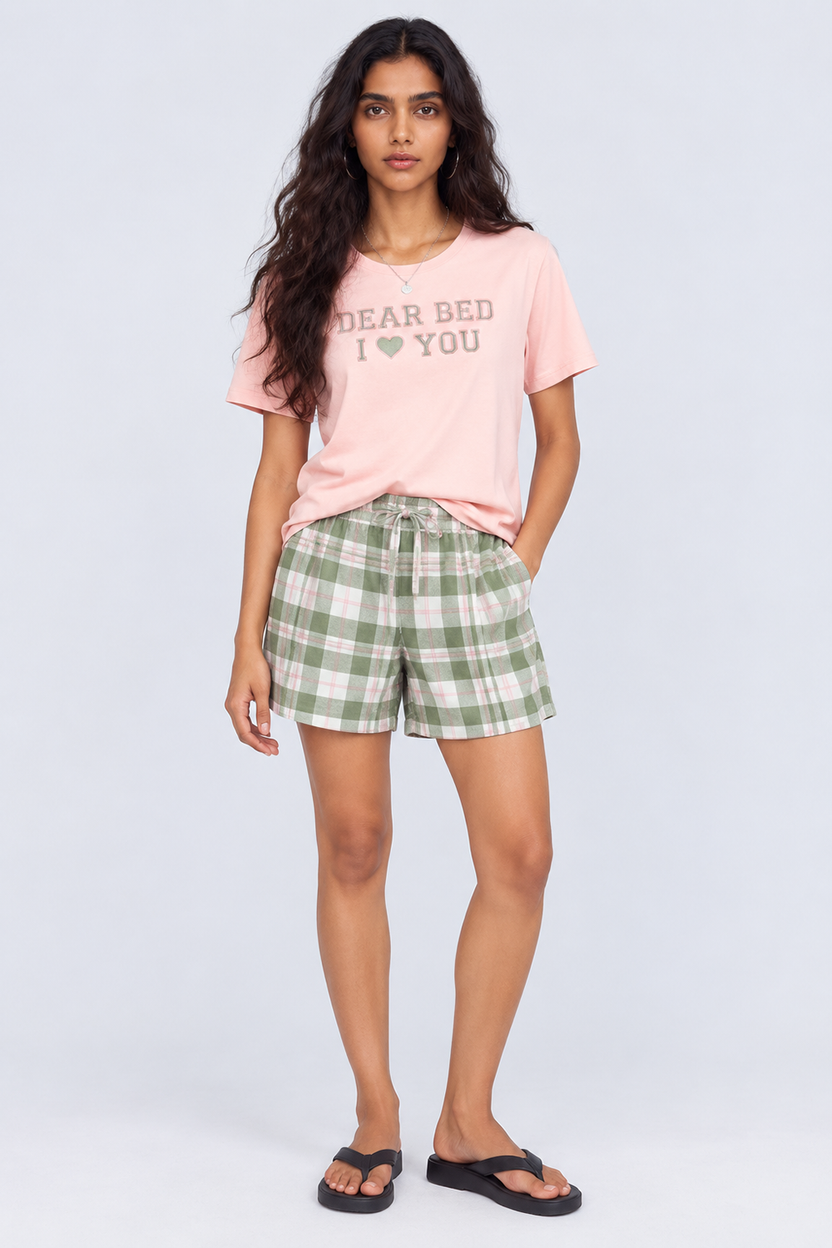 Womens Relaxed Fit Green Checked Night Suit - Image 1