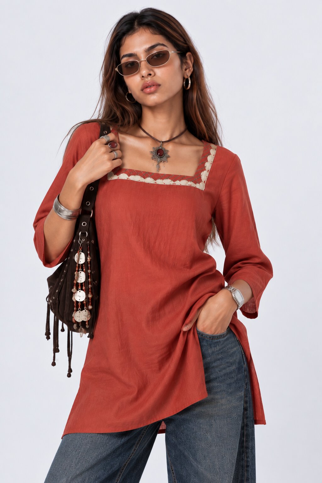 Womens Rust Embroidered Roman Silk Straight Kurta - Image 1