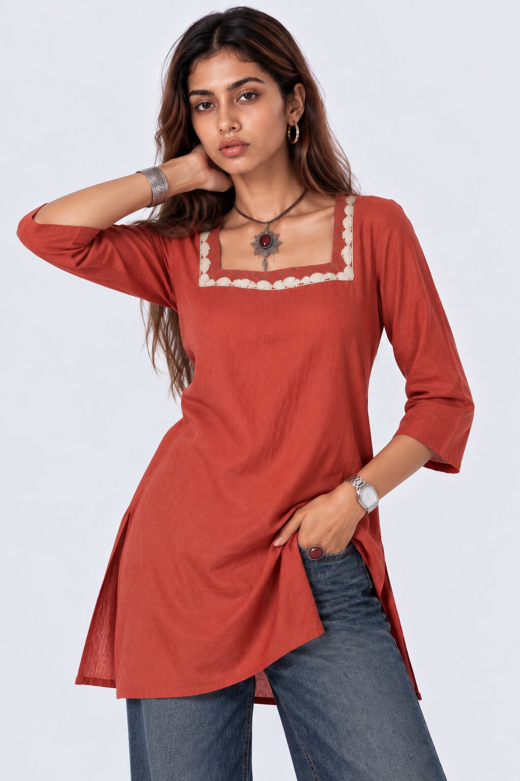 Womens Rust Embroidered Roman Silk Straight Kurta - Image 2