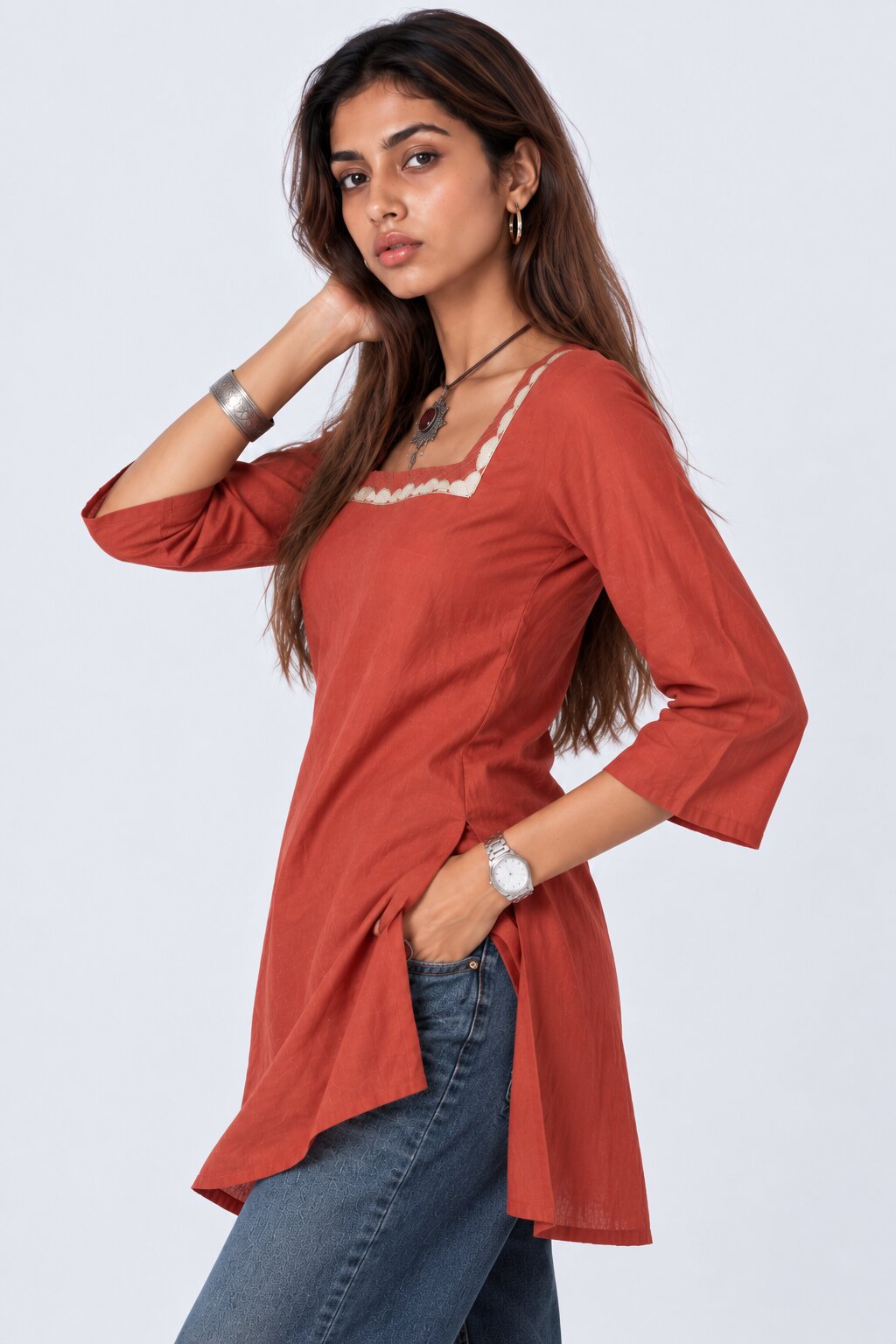 Womens Rust Embroidered Roman Silk Straight Kurta - Image 4