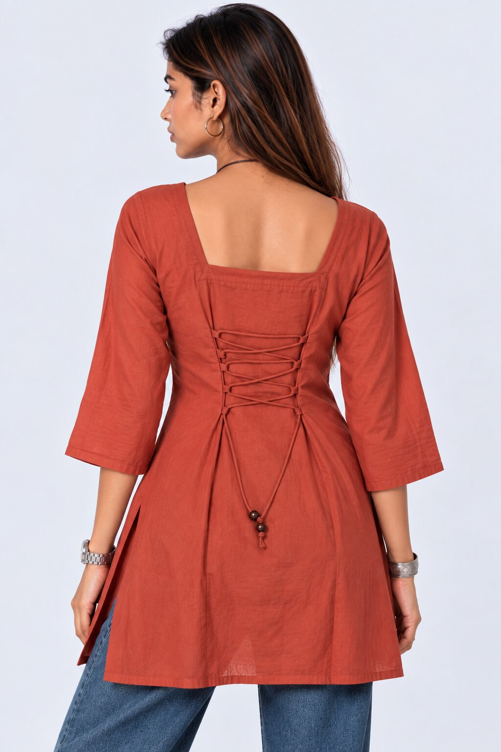 Womens Rust Embroidered Roman Silk Straight Kurta - Image 5