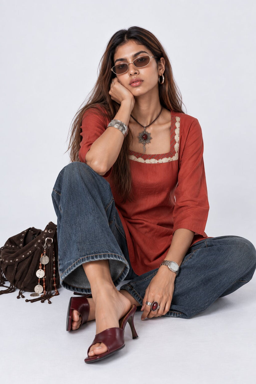 Womens Rust Embroidered Roman Silk Straight Kurta - Image 6