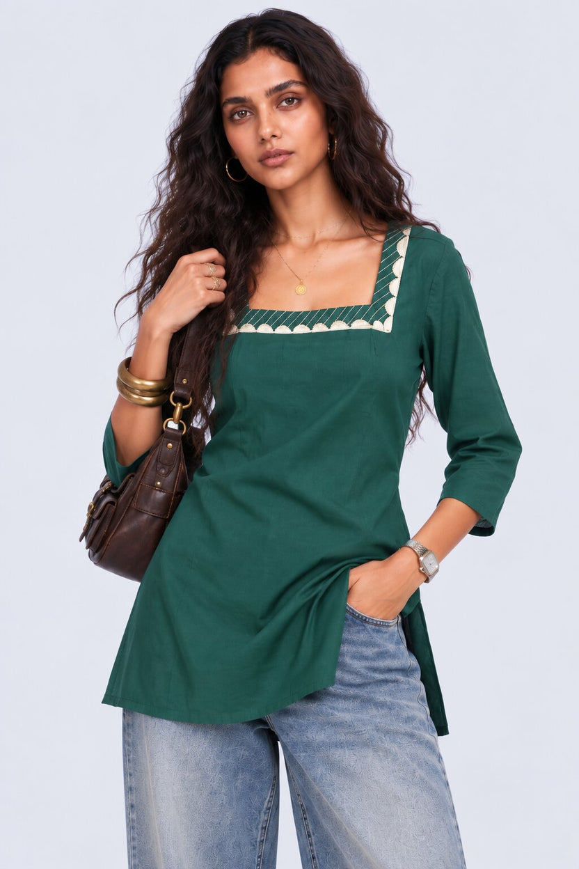 Womens Green Embroidered Roman Silk Straight Kurta - Image 1