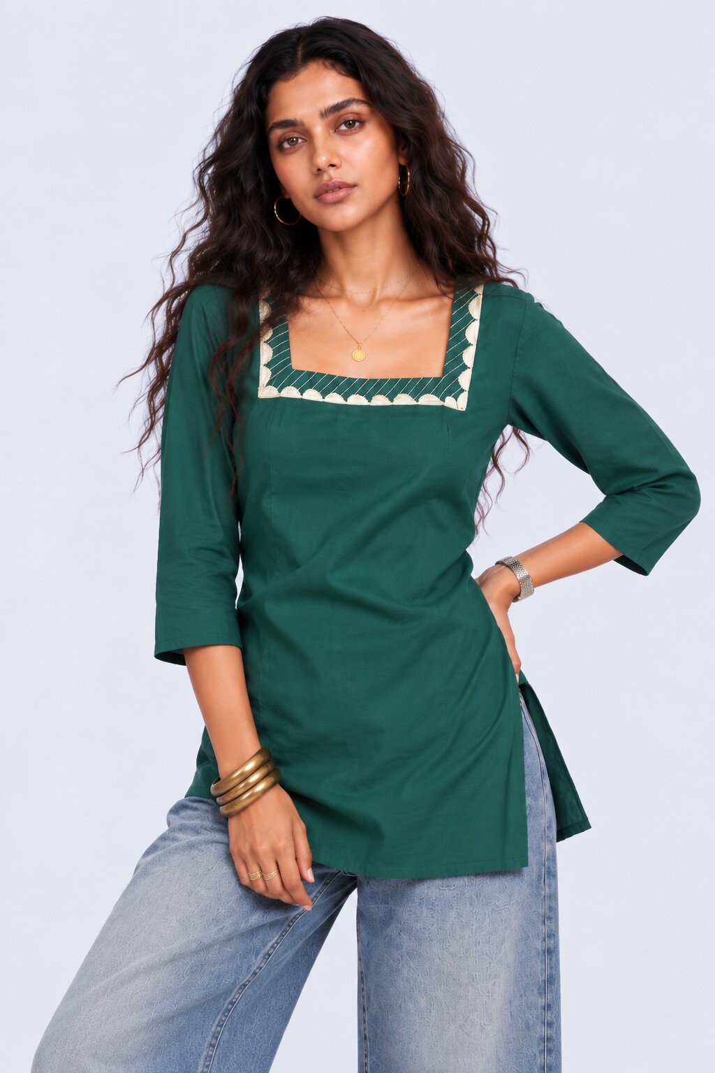 Womens Green Embroidered Roman Silk Straight Kurta - Image 2