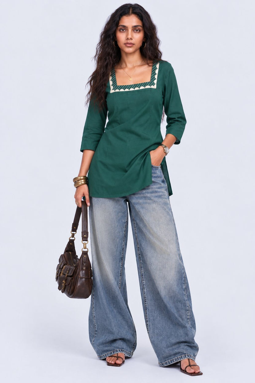 Womens Green Embroidered Roman Silk Straight Kurta - Image 6