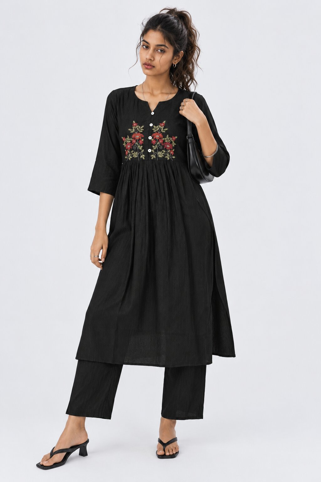 Womens Flared Black Embroidered Kurta Palazzo Set - Image 1