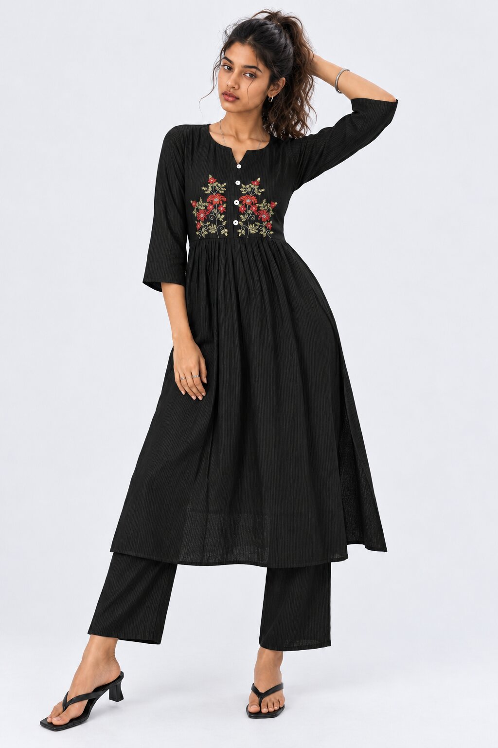 Womens Flared Black Embroidered Kurta Palazzo Set - Image 2