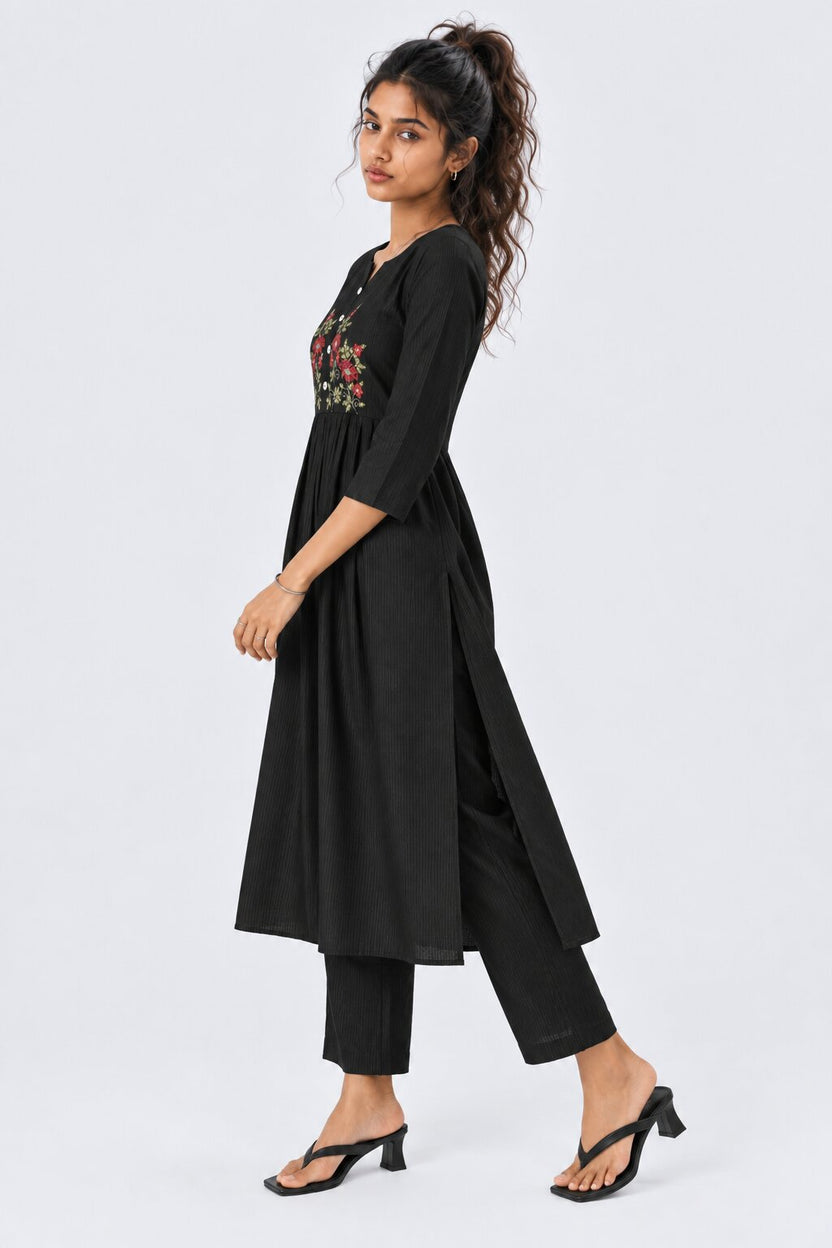 Womens Flared Black Embroidered Kurta Palazzo Set - Image 4