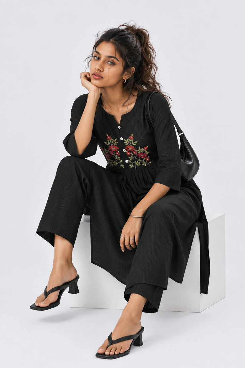 Womens Flared Black Embroidered Kurta Palazzo Set - Image 6