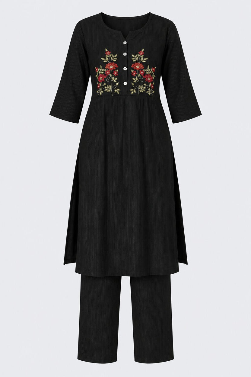 Womens Flared Black Embroidered Kurta Palazzo Set - Image 7