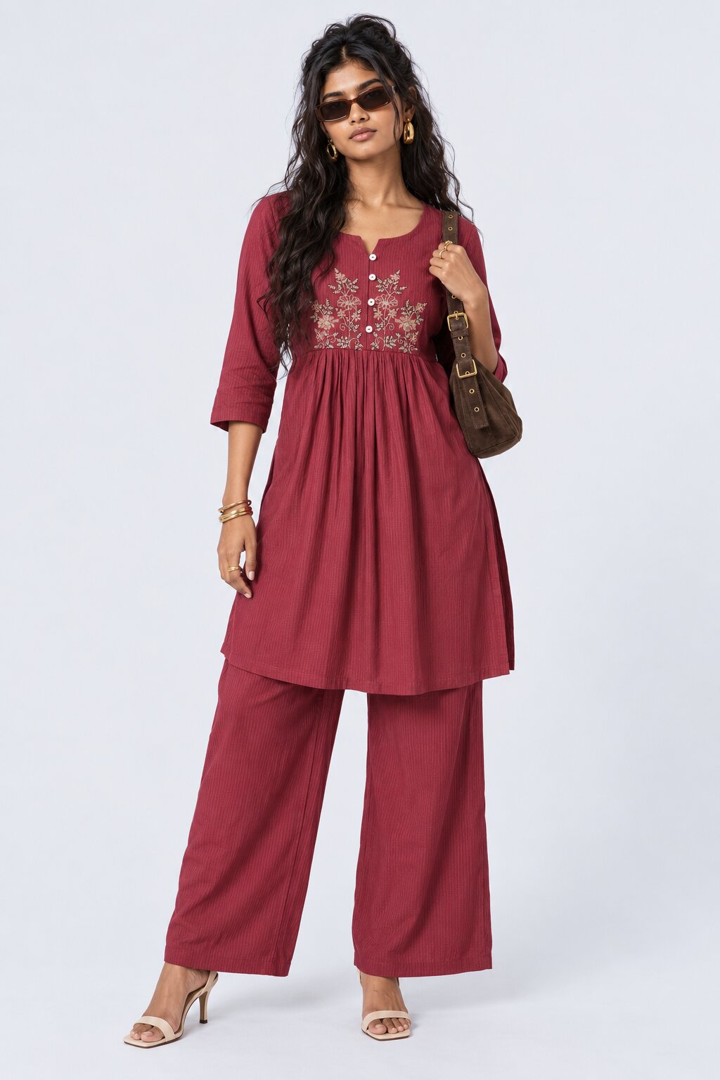 Womens Flared Maroon Embroidered Kurta Palazzo Set - Image 1