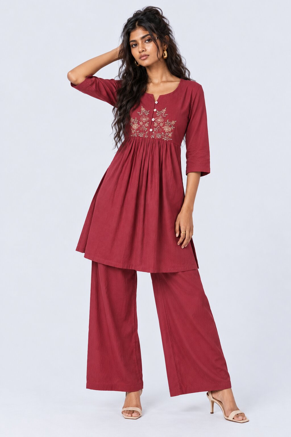 Womens Flared Maroon Embroidered Kurta Palazzo Set - Image 2