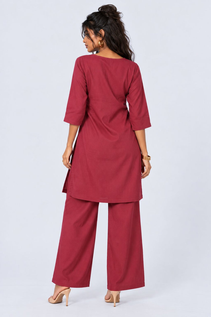 Womens Flared Maroon Embroidered Kurta Palazzo Set - Image 5