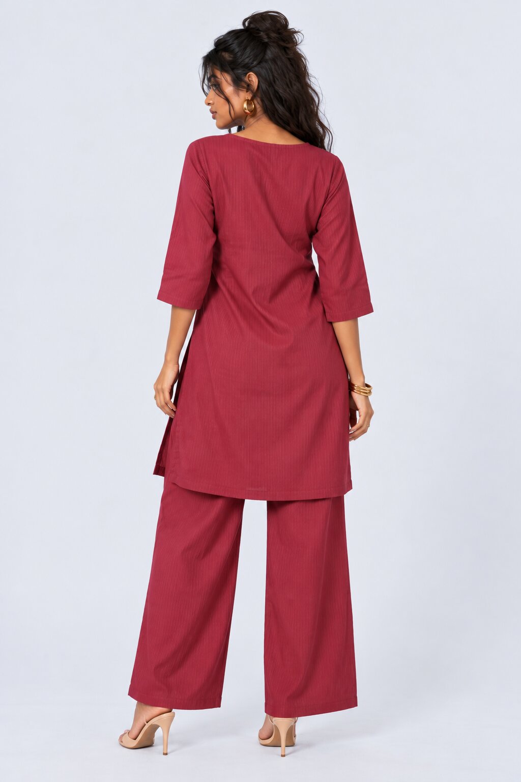 Womens Flared Maroon Embroidered Kurta Palazzo Set - Image 5