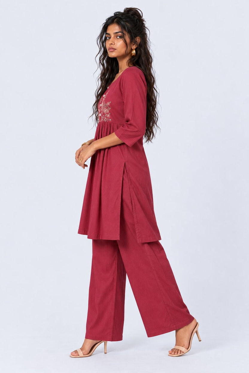 Womens Flared Maroon Embroidered Kurta Palazzo Set - Image 6