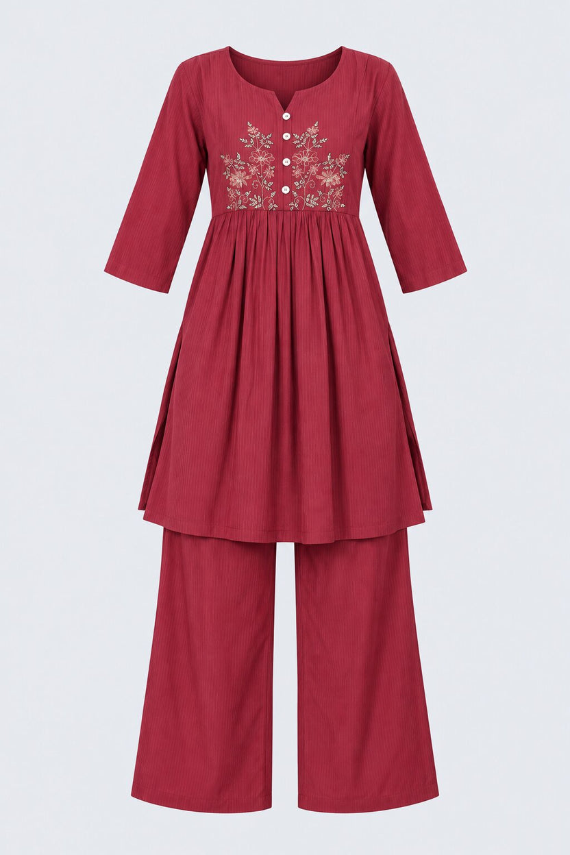 Womens Flared Maroon Embroidered Kurta Palazzo Set - Image 7