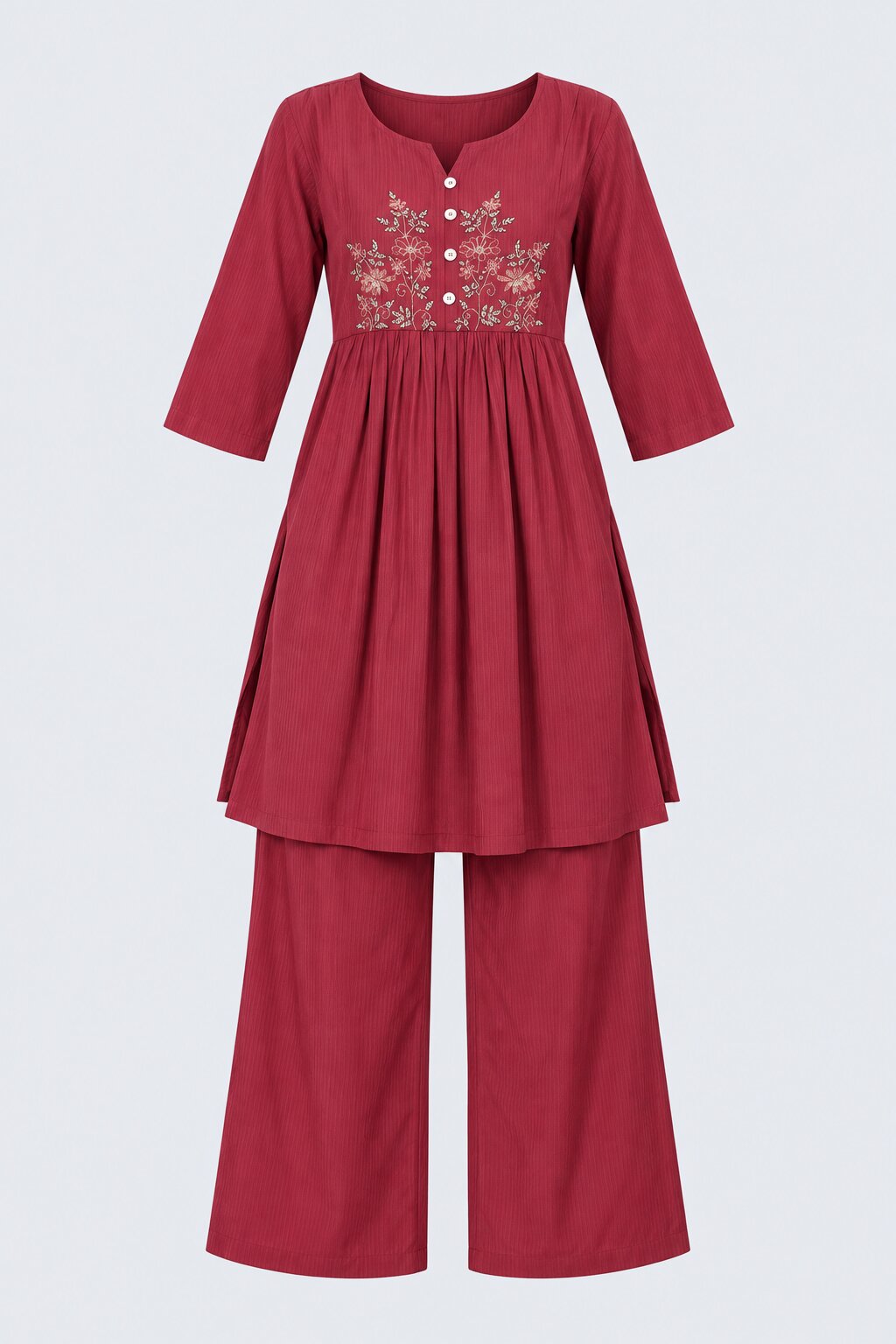 Womens Flared Maroon Embroidered Kurta Palazzo Set - Image 7