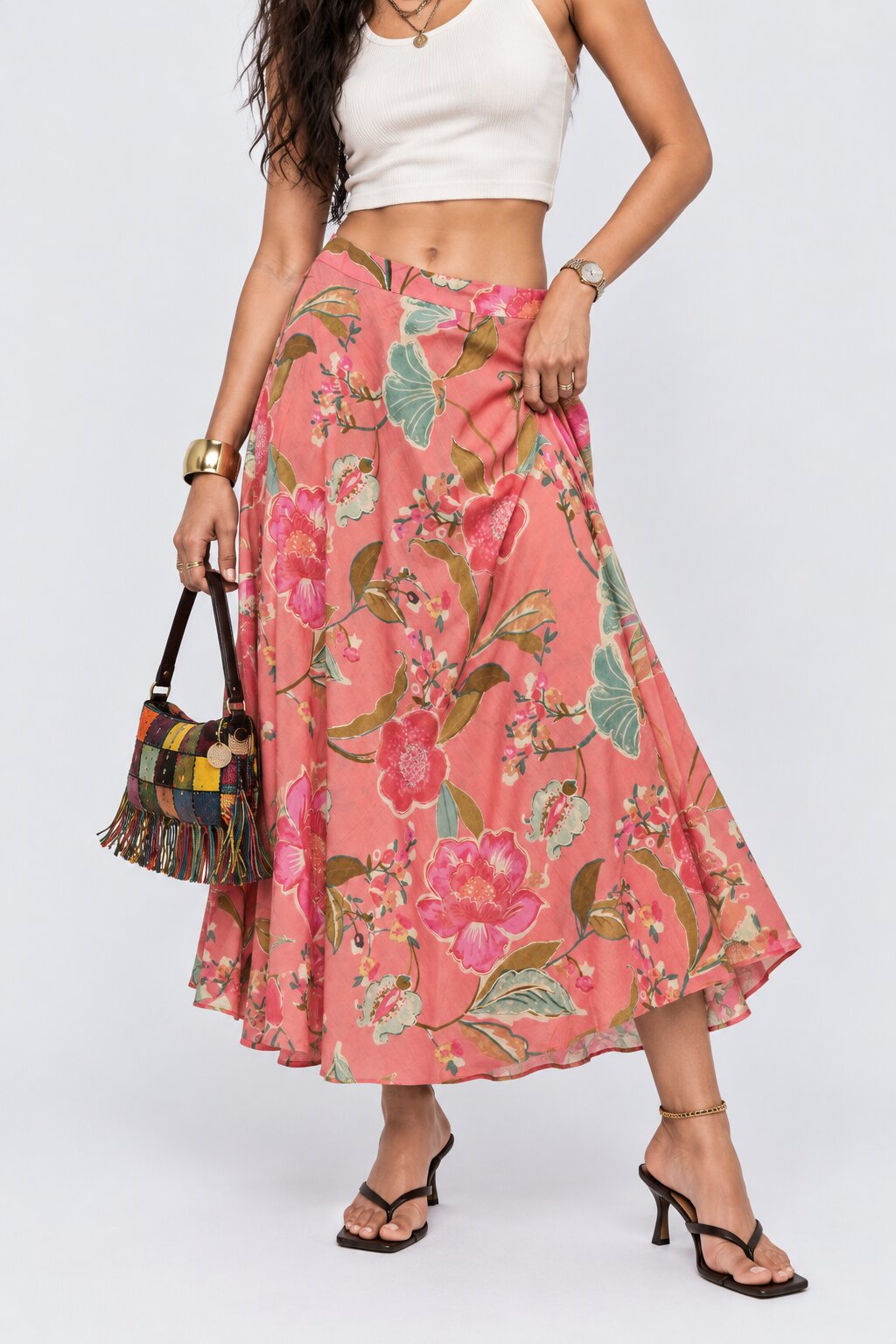 Womens Pink Floral Flared Maxi Skirt - Image 1