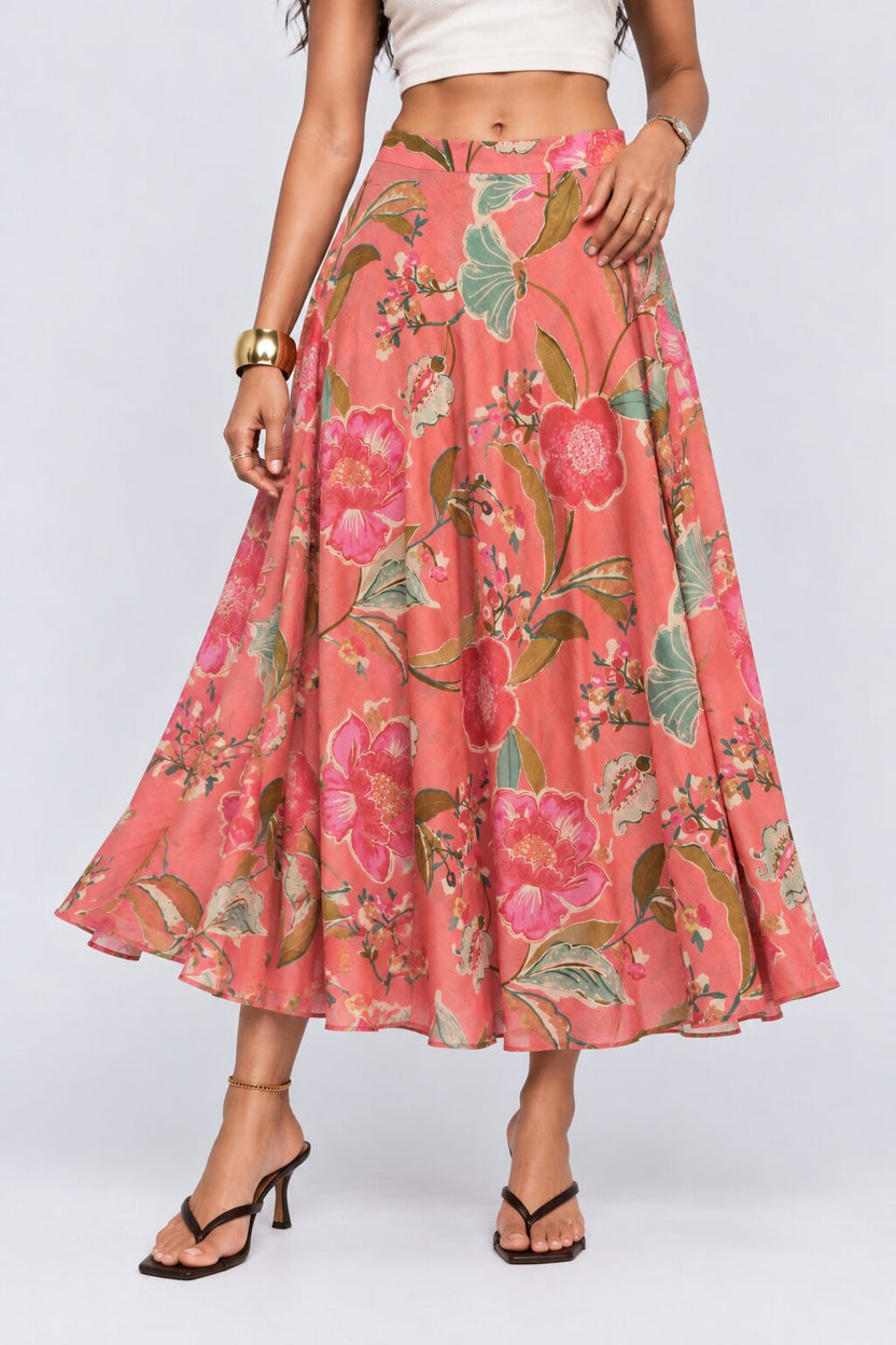 Womens Pink Floral Flared Maxi Skirt - Image 2