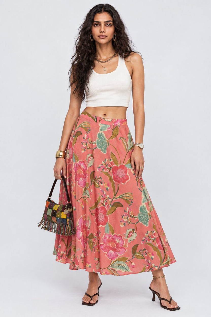 Womens Pink Floral Flared Maxi Skirt - Image 6