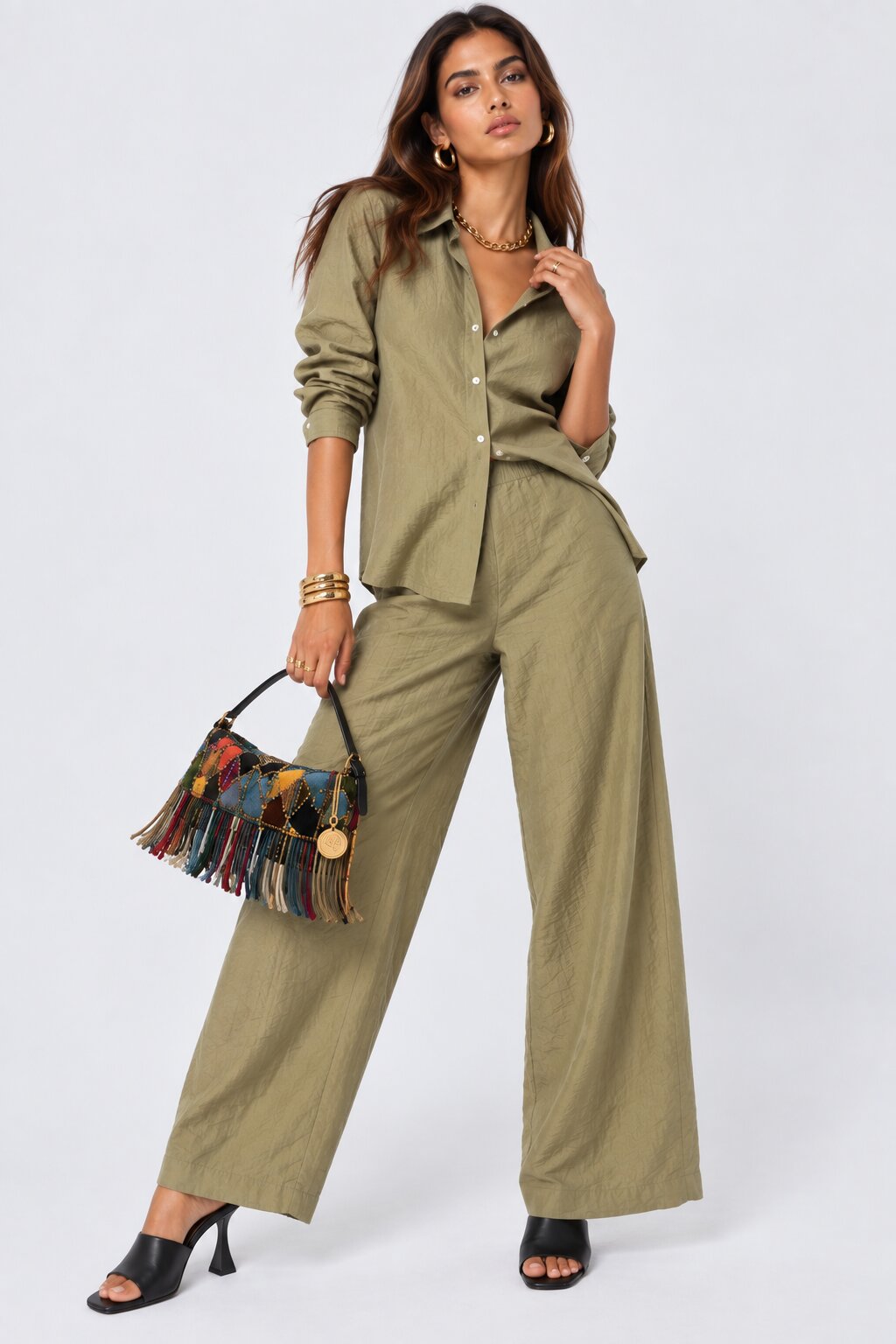 Womens Green Crinkle Co-ord Set - Image 1