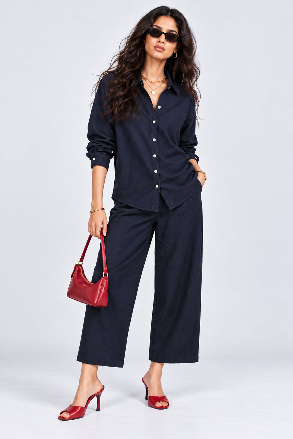 Womens Navy Crinkle Co-ord Set - Image 1