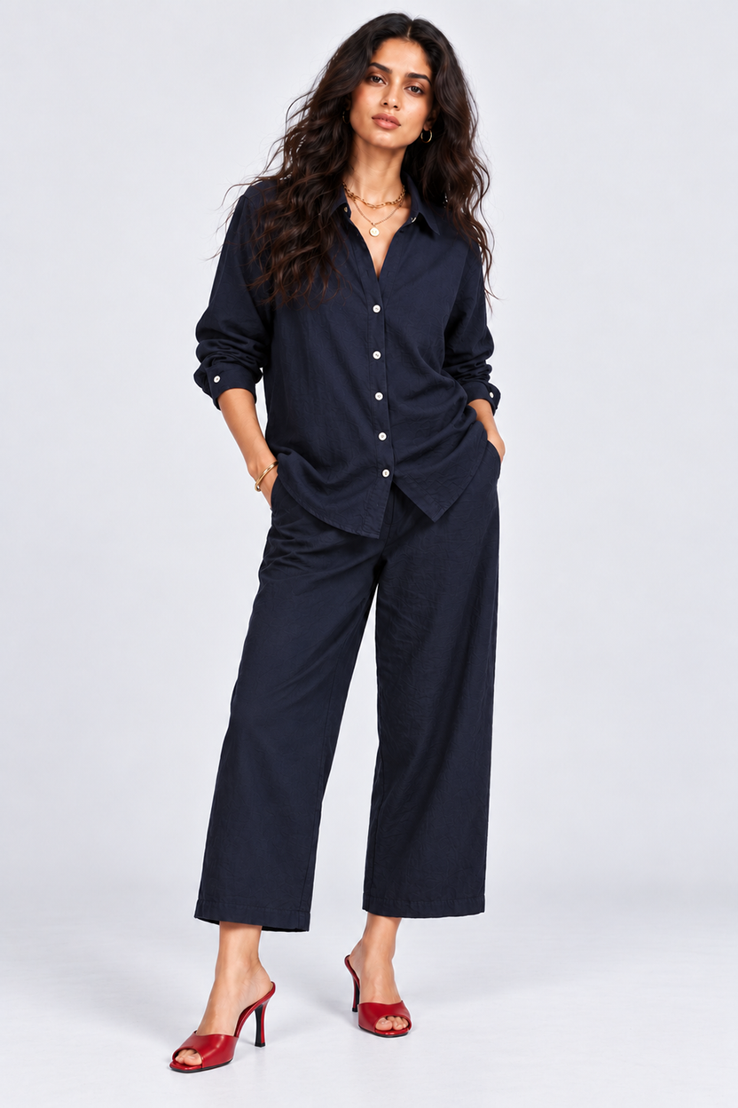 Womens Navy Crinkle Co-ord Set - Image 2