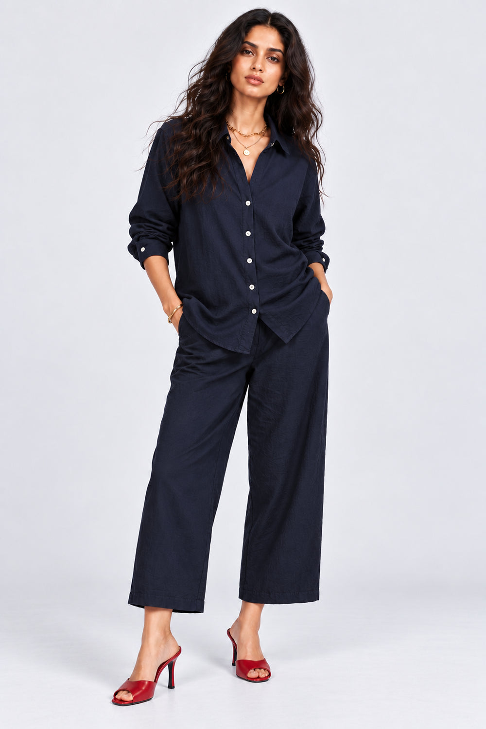 Womens Navy Crinkle Co-ord Set - Image 2