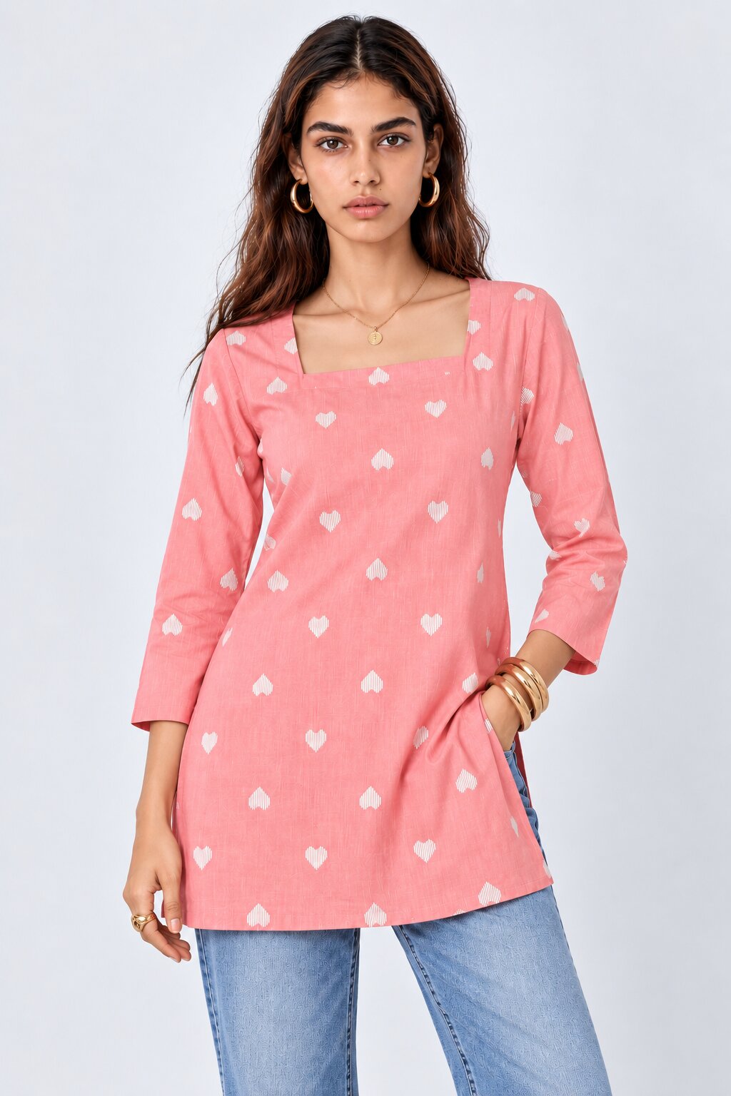 Womens Pink Heart Print Cotton Tunic - Image 1