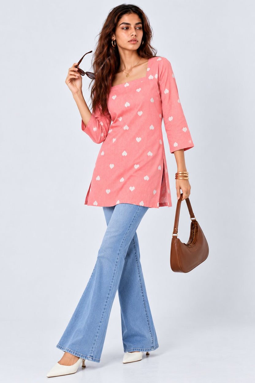 Womens Pink Heart Print Cotton Tunic - Image 5