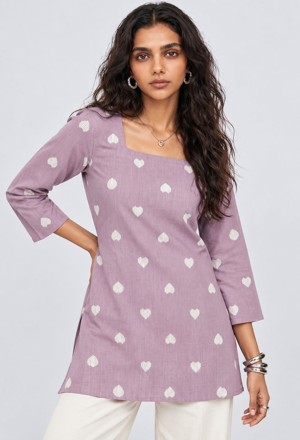 Womens Lilac Heart Print Cotton Tunic - Image 2