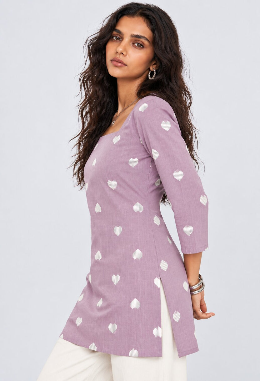 Womens Lilac Heart Print Cotton Tunic - Image 4