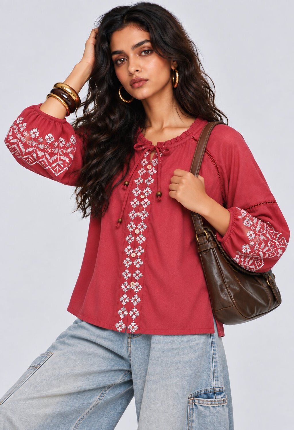 Womens Red Embroidered Tie Neck Top - Image 1