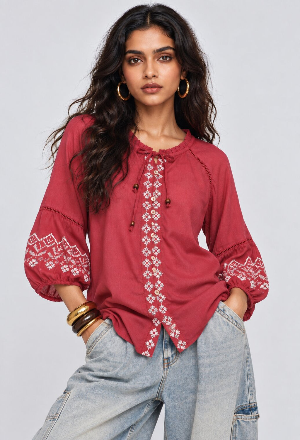 Womens Red Embroidered Tie Neck Top - Image 2