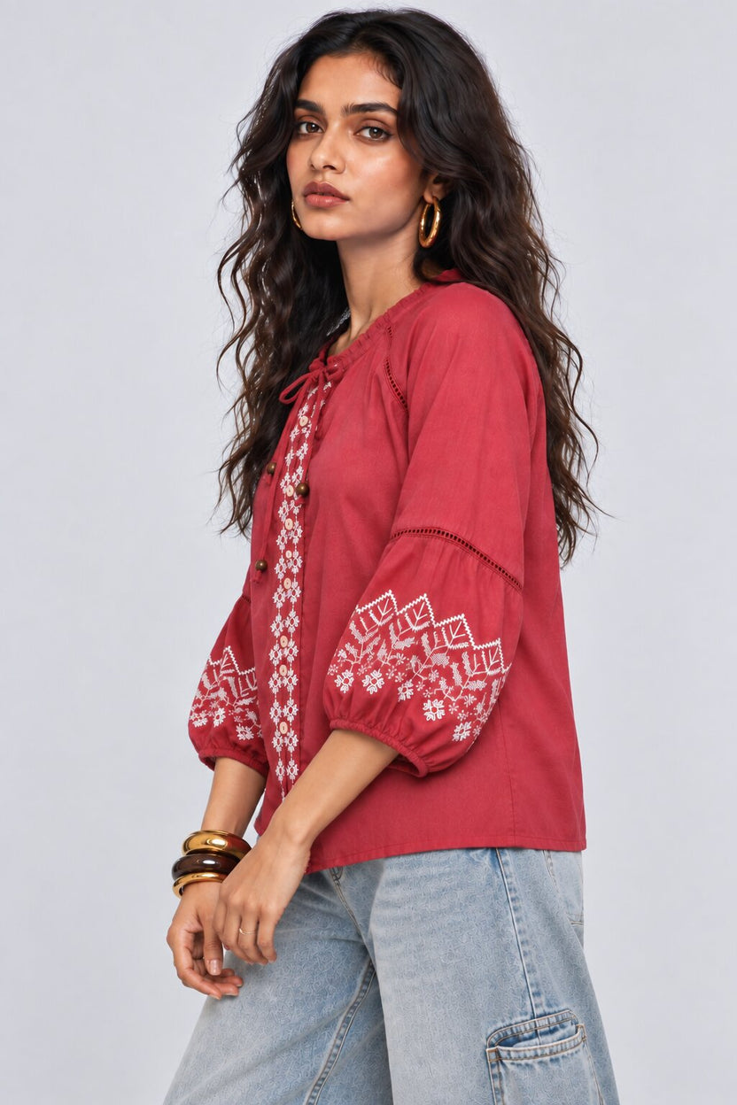 Womens Red Embroidered Tie Neck Top - Image 4