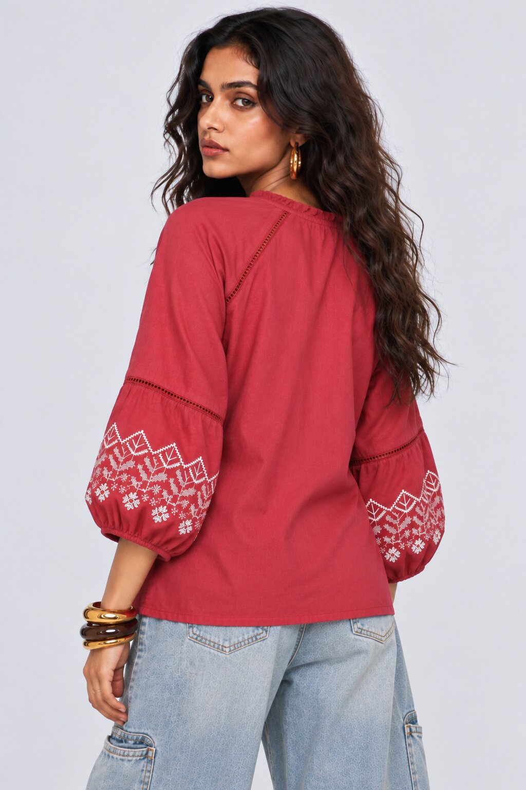 Womens Red Embroidered Tie Neck Top - Image 5
