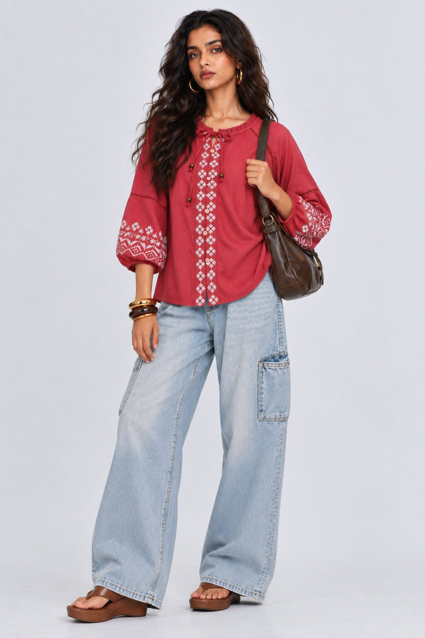 Womens Red Embroidered Tie Neck Top - Image 6
