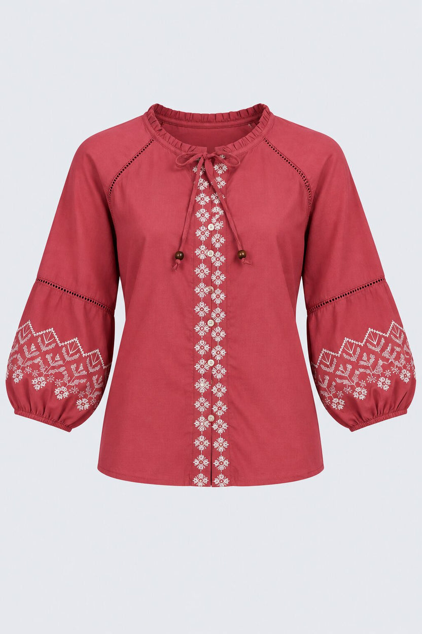 Womens Red Embroidered Tie Neck Top - Image 7
