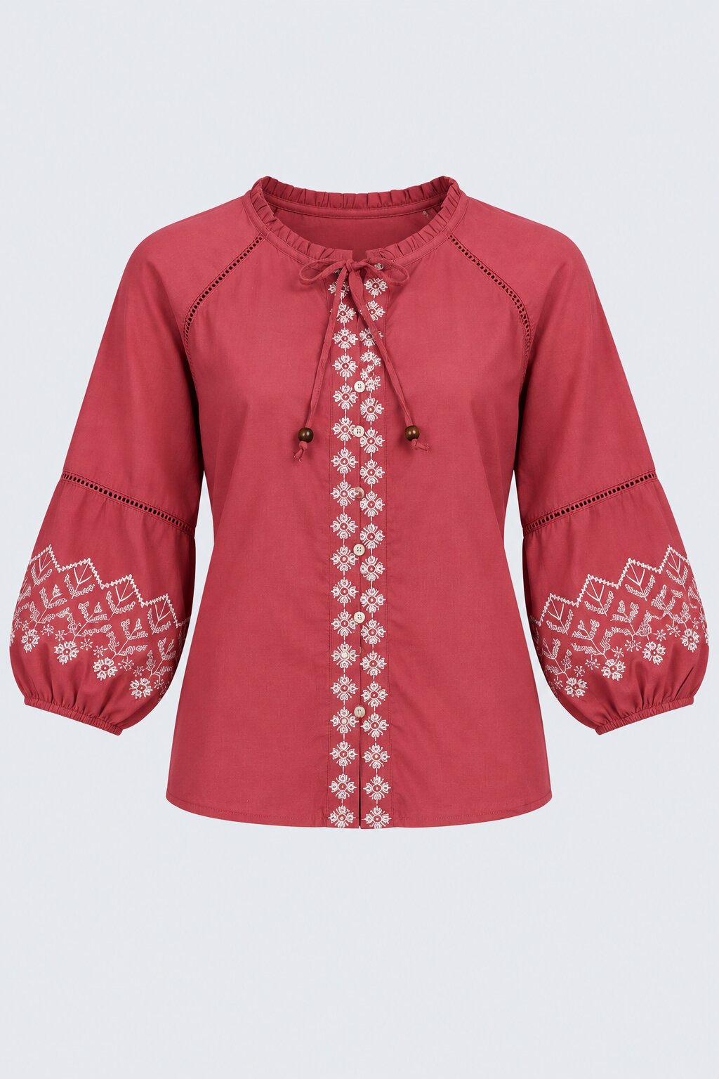 Womens Red Embroidered Tie Neck Top - Image 7
