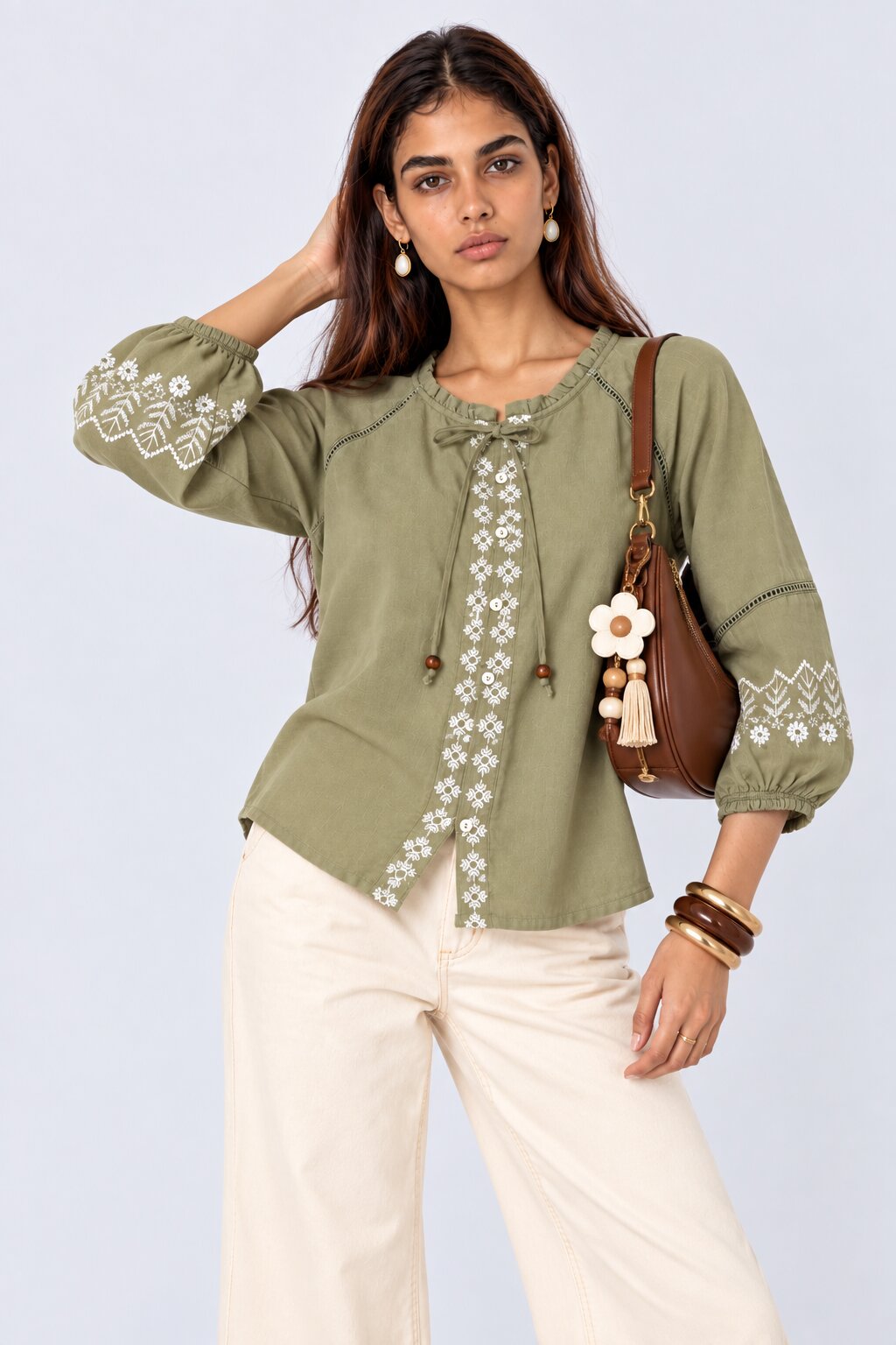 Womens Green Embroidered Tie Neck Tunic - Image 1