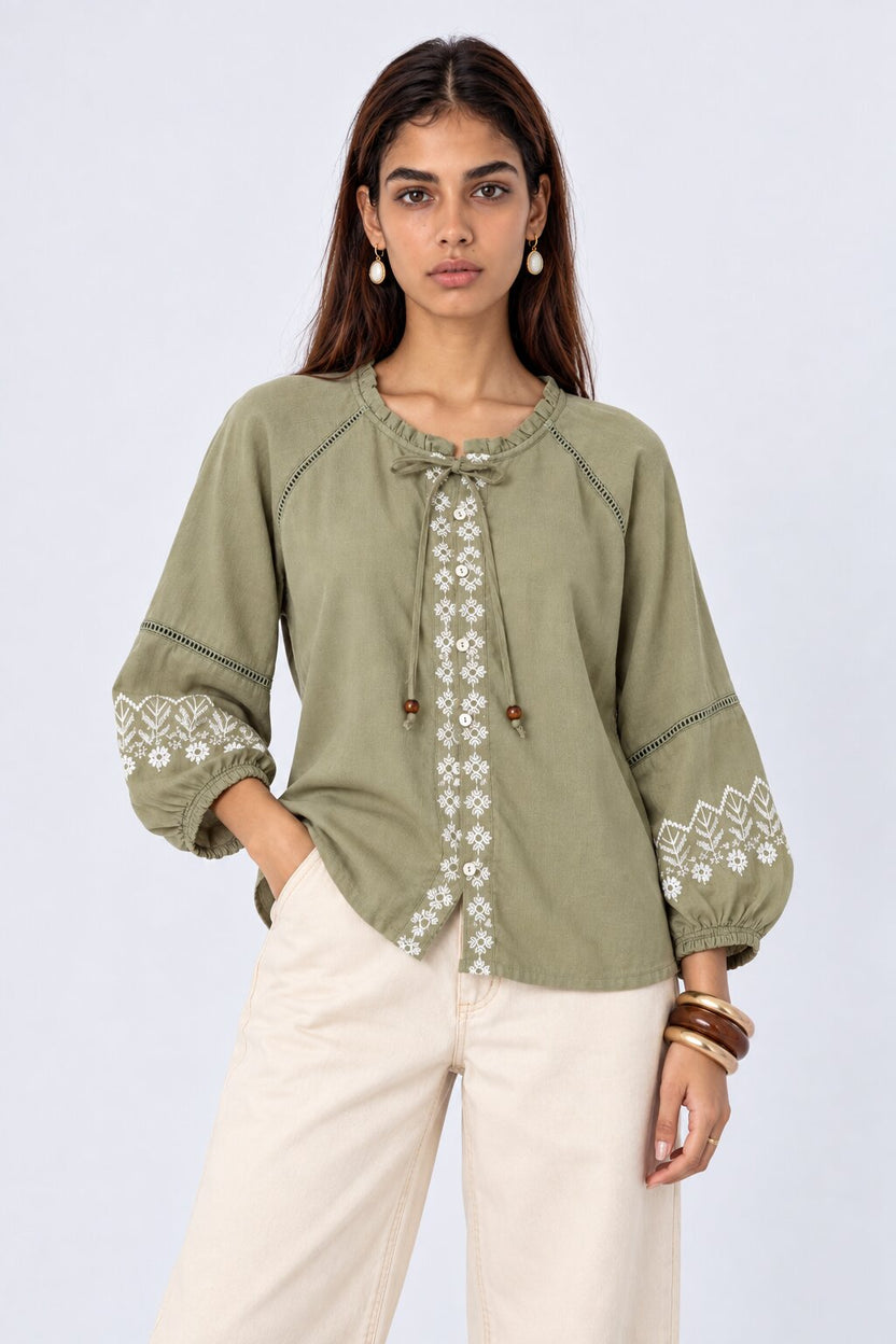 Womens Green Embroidered Tie Neck Tunic - Image 2