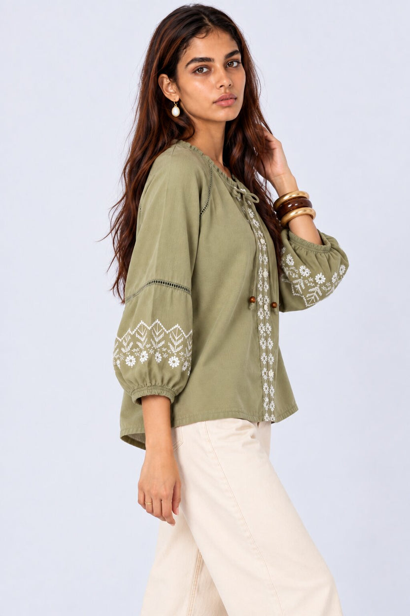 Womens Green Embroidered Tie Neck Tunic - Image 4