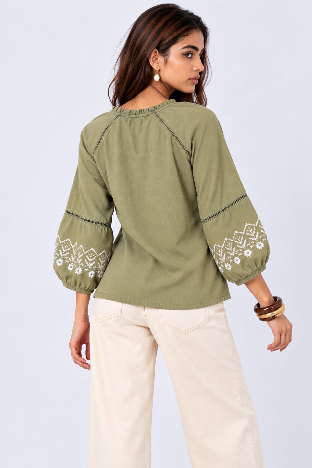Womens Green Embroidered Tie Neck Tunic - Image 5
