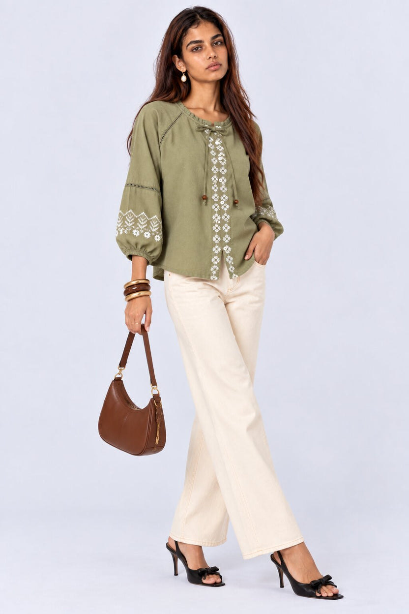 Womens Green Embroidered Tie Neck Tunic - Image 6