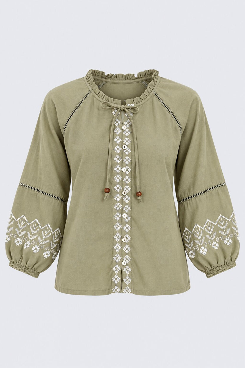 Womens Green Embroidered Tie Neck Tunic - Image 7